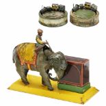 3 Tinplate Toys for Repair, c. 19351) Elephant with monkey organ, Hans Eberl, Nuremberg. - And: 2) 2