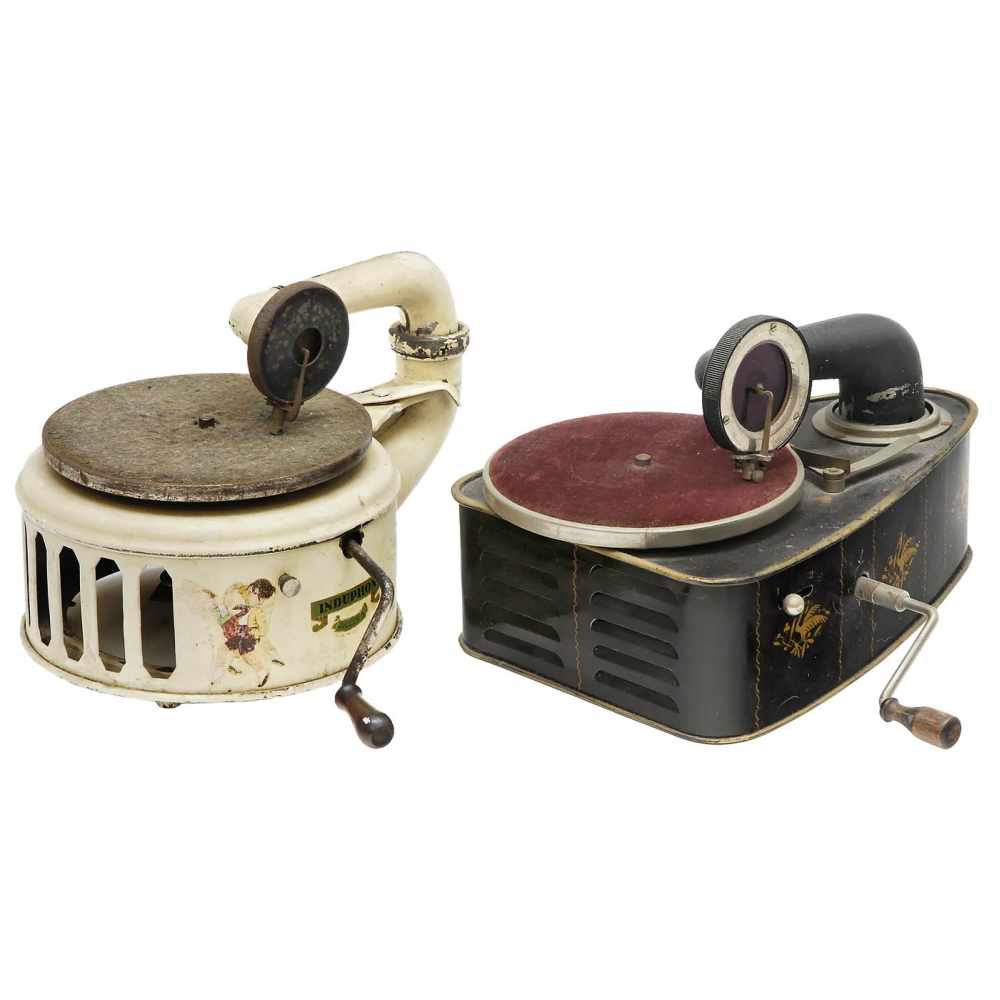 2 Toy Gramophones, c. 19251) Valora, Bing Werke, Nuremberg. Lithographed tin, spring-driven,