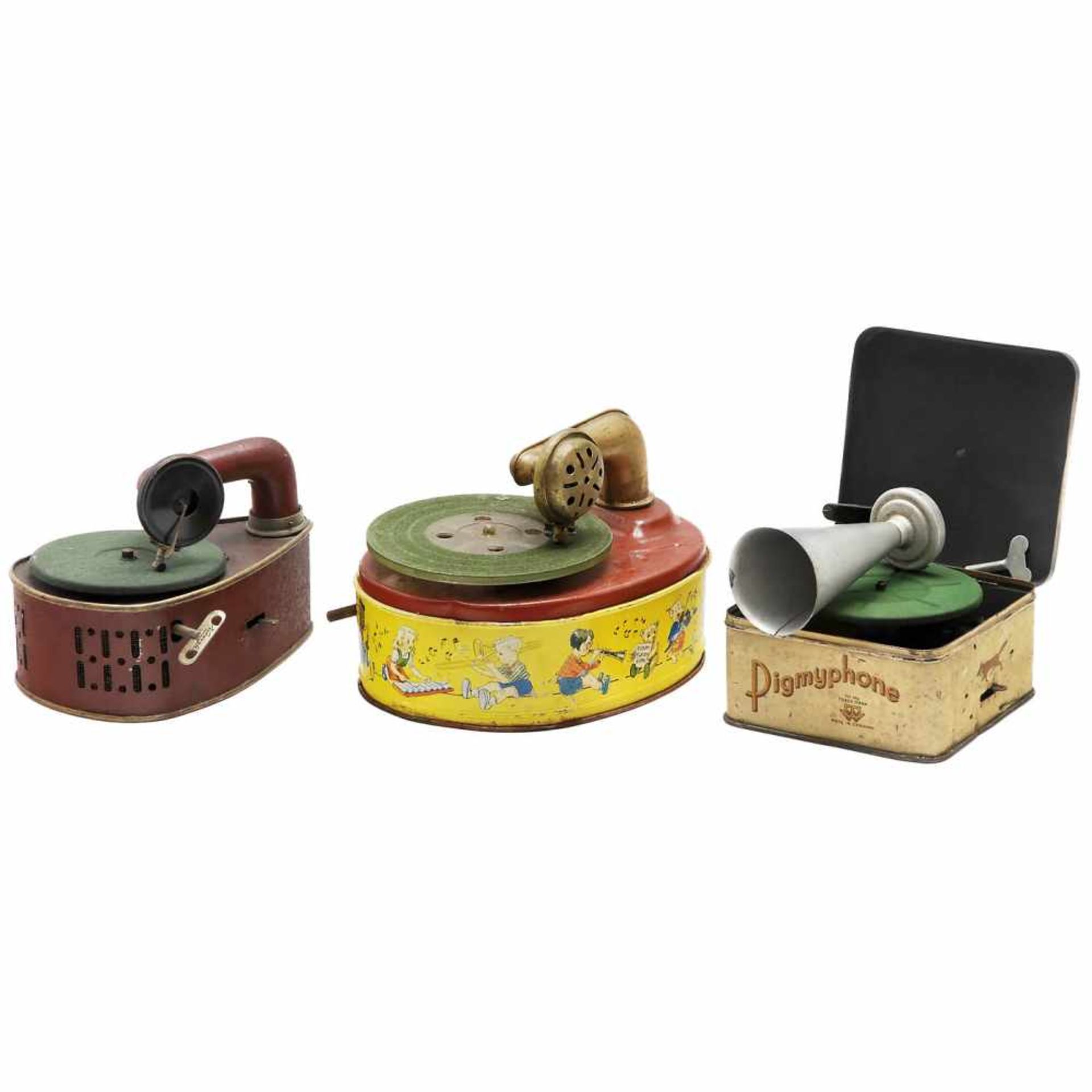 3 Toy Gramophones, c. 1930-501) Pigmyphone, Bing Werke, Nuremberg. Lithographed tin, spring-