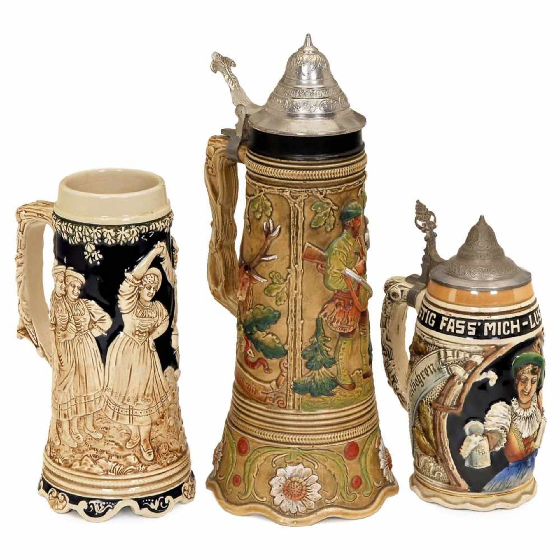 3 Musical Beer SteinsCeramic, polychrome decorated in relief, 2 steins with tin lid, movements in
