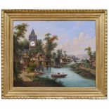 Musical Picture Clock, c. 1870Oil on canvas of a riverside scene in the naive style, with 2-inch (