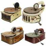 4 Toy Gramophones, c. 19251) Pygmola, probably Bing Werke, Nuremberg. Lithographed tin, spring-