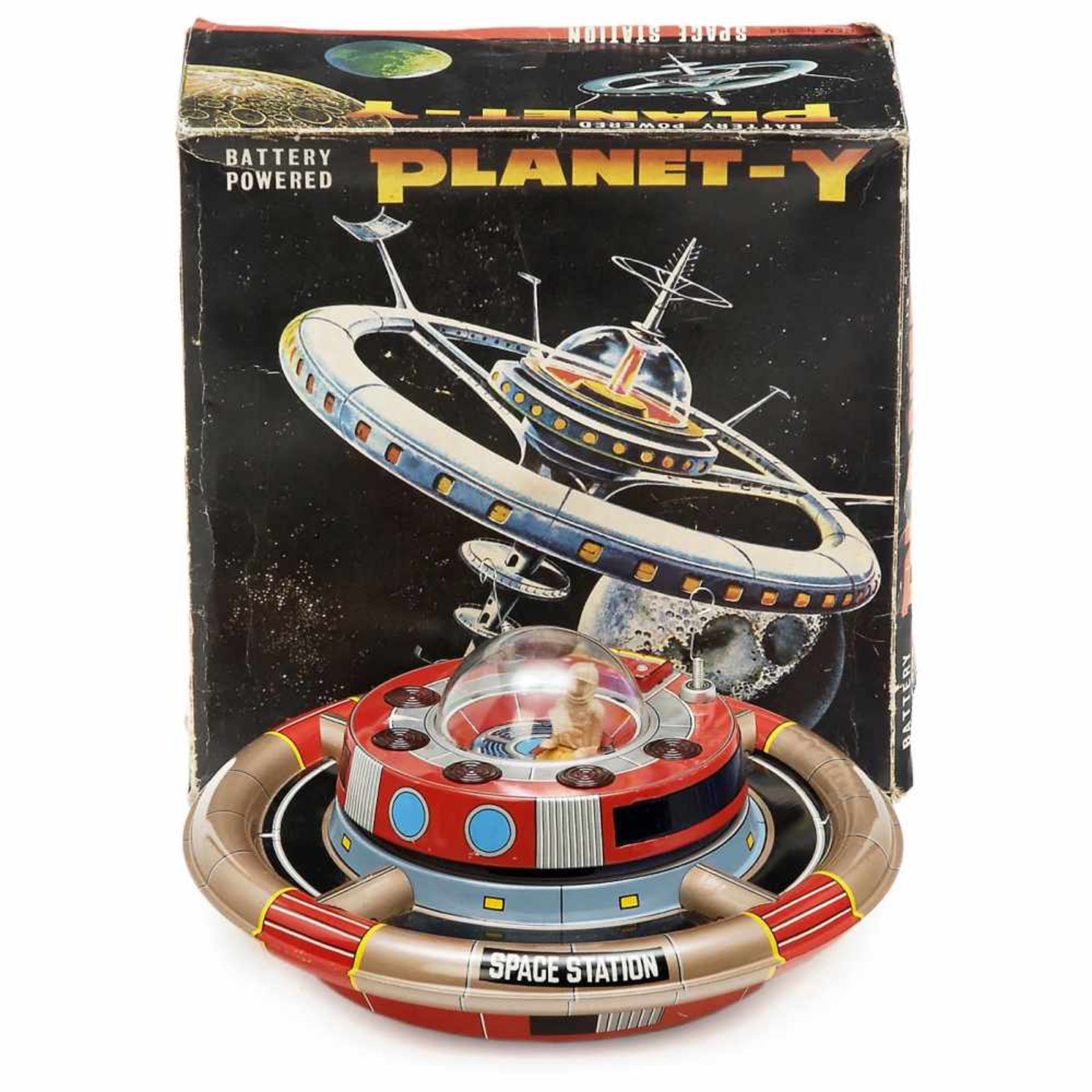 Planet-Y Space Station, c. 1968Made by Nomura, Japan. Lithographed tinplate flying saucer, battery-