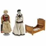 2 German Lady Dolls, late 19th Century1) Bisque shoulder-head doll with molded blonde hair,