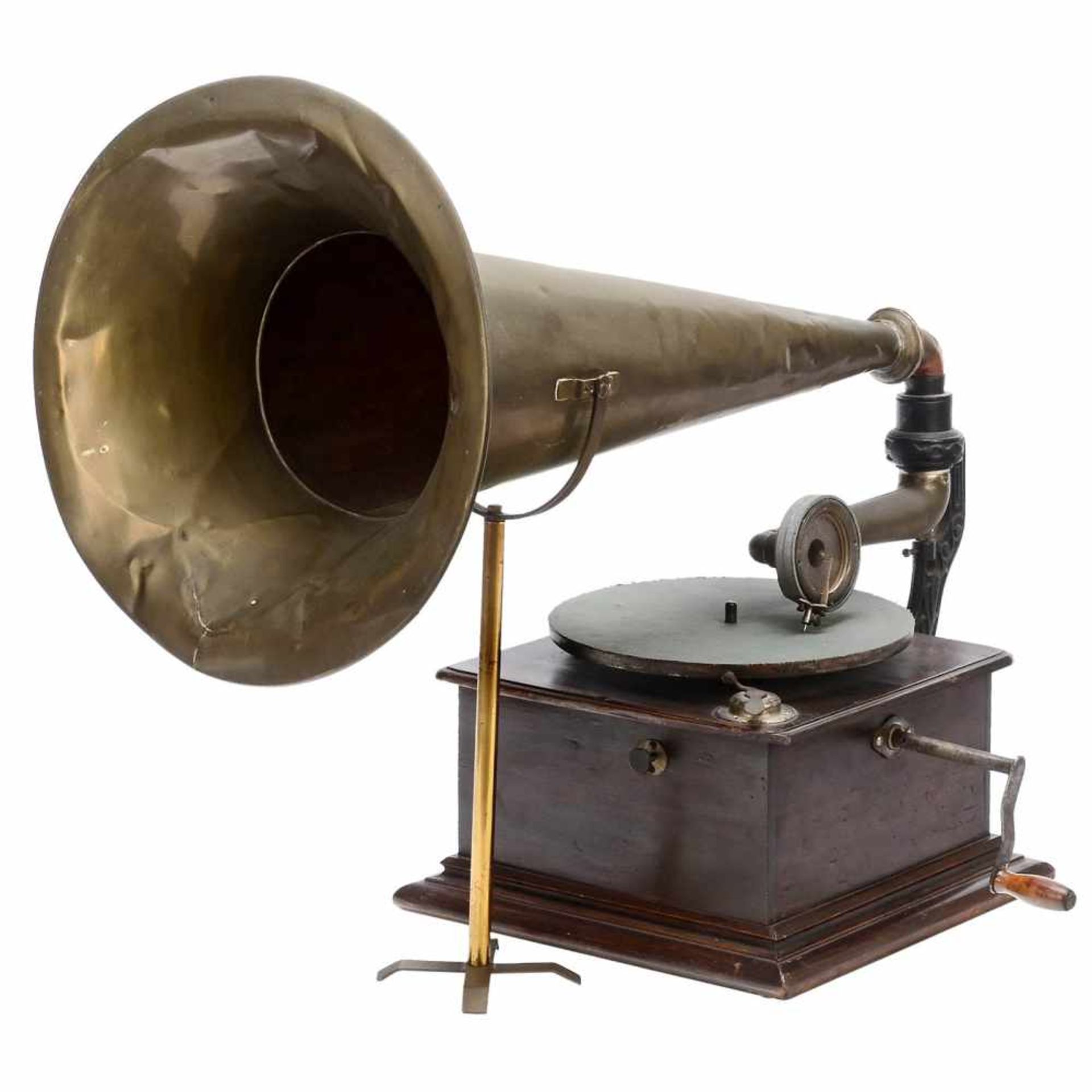 2 Horn Gramophones, c. 19151) Unmarked, wood case, spring-driven, mica reproducer, brass horn, - Bild 3 aus 3