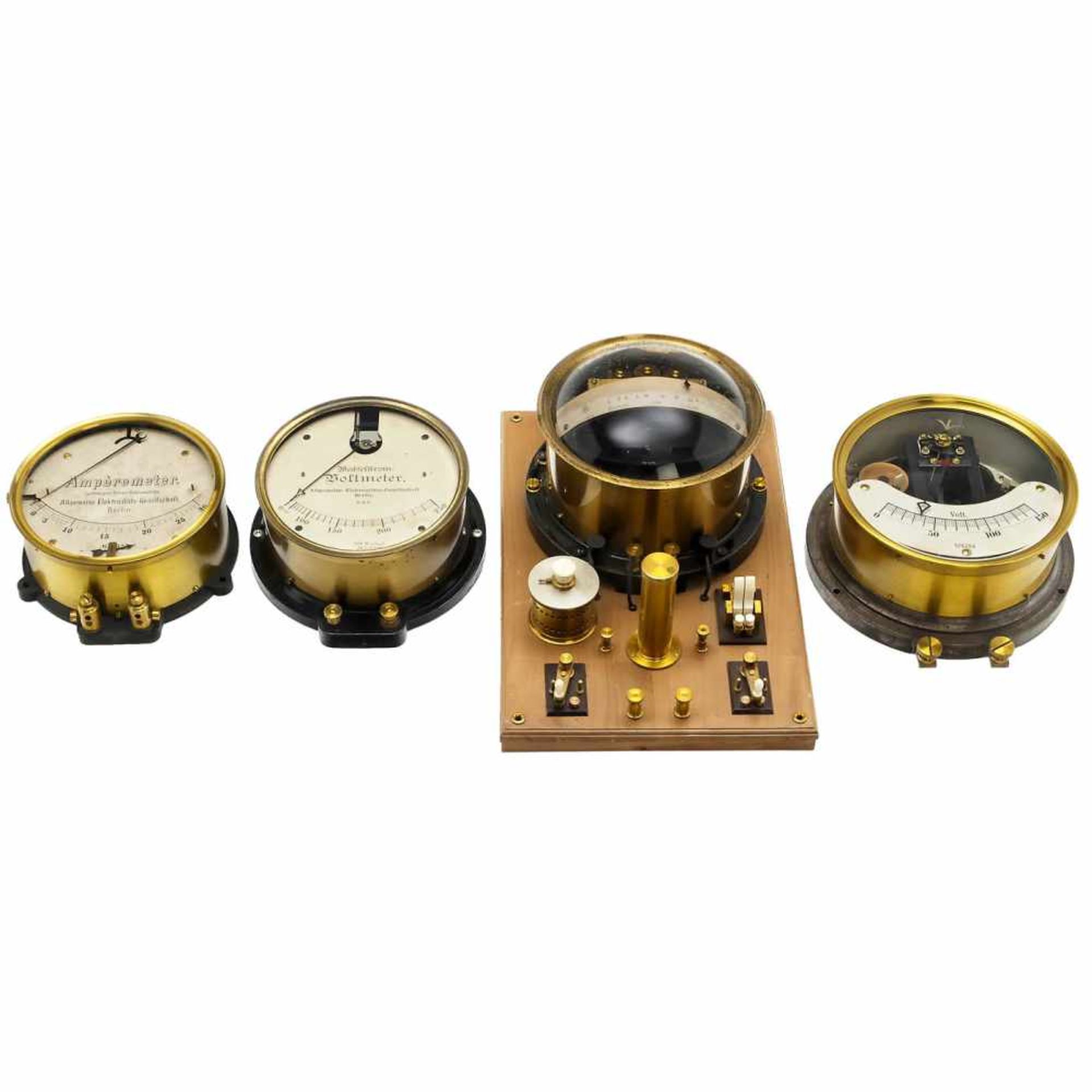 4 Large Brass Precision Measuring Instruments, c. 1900-19201) AC voltmeter, AEG, Berlin, Ø 8 ¾ in. -