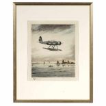 Original Etching "Arado Landing Approach", c. 1940German WWII Kriegsmarine floatplane Arado Ar 196