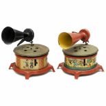 2 Gama Toy Gramophones, c. 1925Gama-Phone and Gama-Nette, Nuremberg, Germany. Lithographed tin,