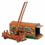 Rare Firebrigade by Alps, c. 1955Japan, fire department with ladder truck, lithographed tin, crank-