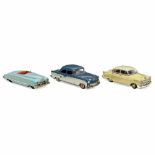 3 German Tin Toy Cars, 1950s1) Ford, Siegfried Günthermann, Nuremberg. Lacquered tin, spring-