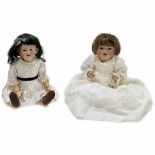 2 Bisque Character Dolls, c. 1920s1) Baby doll incised "G B 4" for George Borgfeldt & Co. With