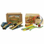 2 Tinplate Racetracks, c. 19501) Rocket track no. 6, Fritz Voit, Zirndorf. Spring-powered, with