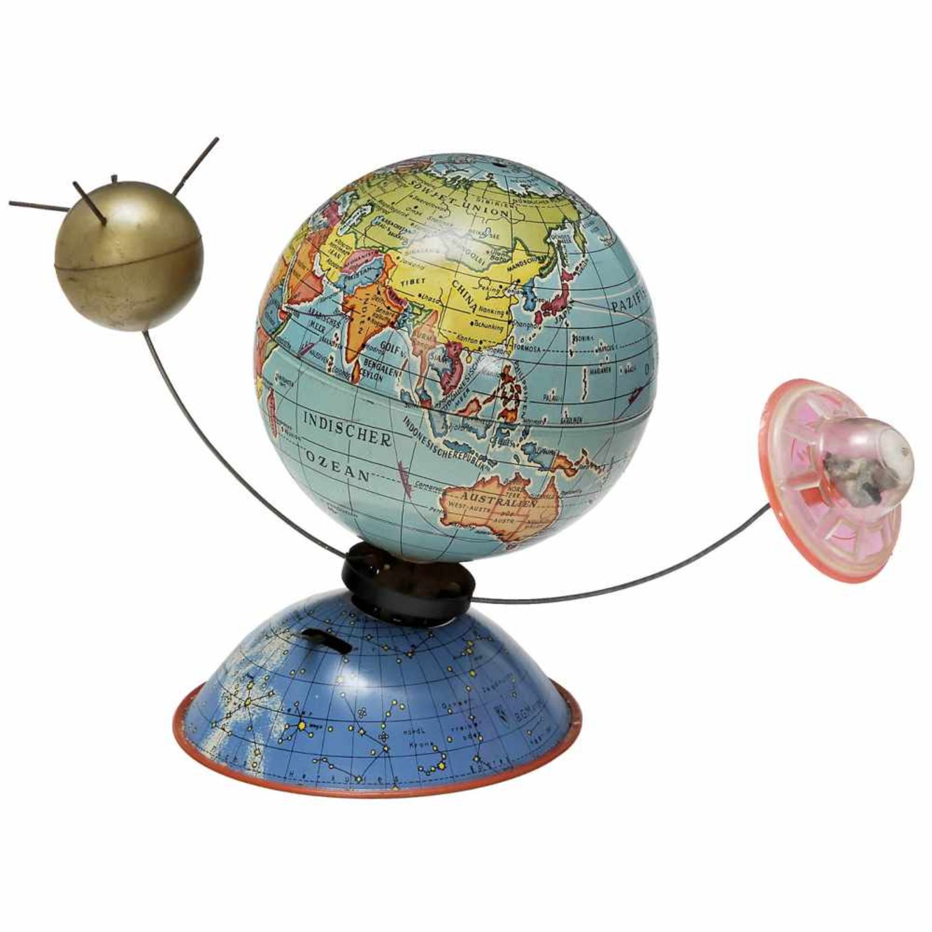 Globe by Michael Seidel, c. 1958MS-Spielwaren, Zirndorf, Germany. With sputnik and flying saucer
