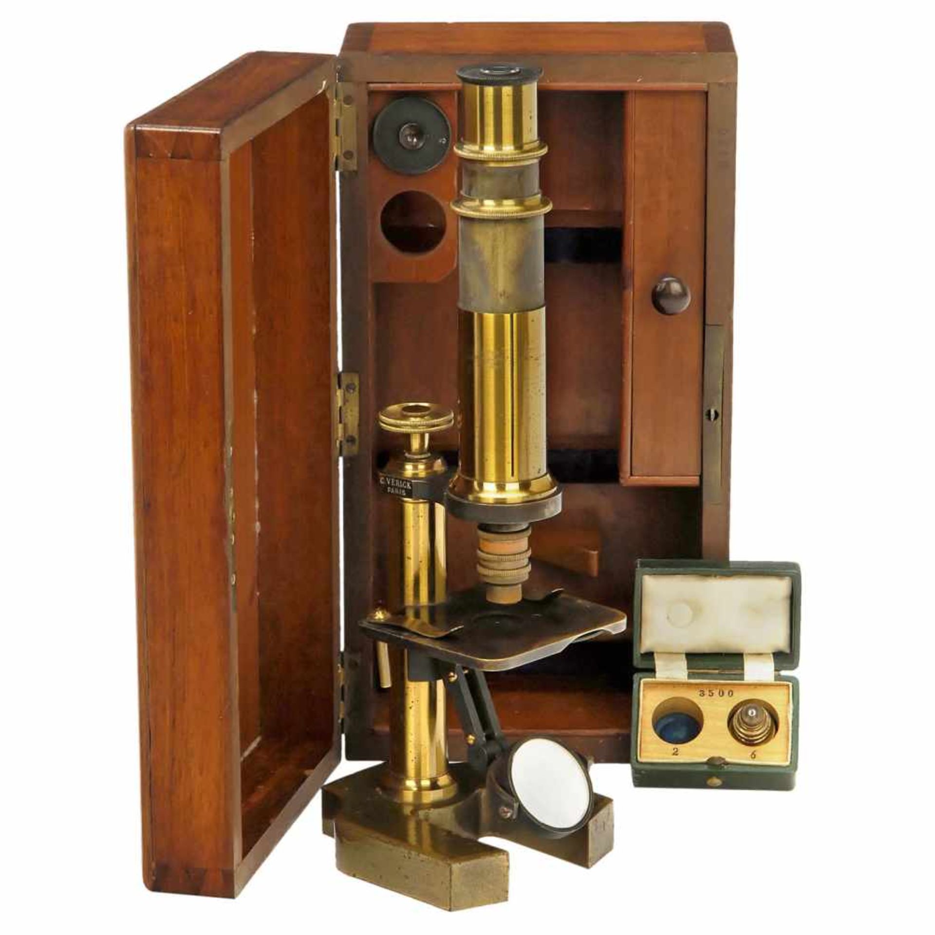 French Brass Microscope by Vérick, c. 1880C. Vérick, Paris. Original lacquered brass, gilt-