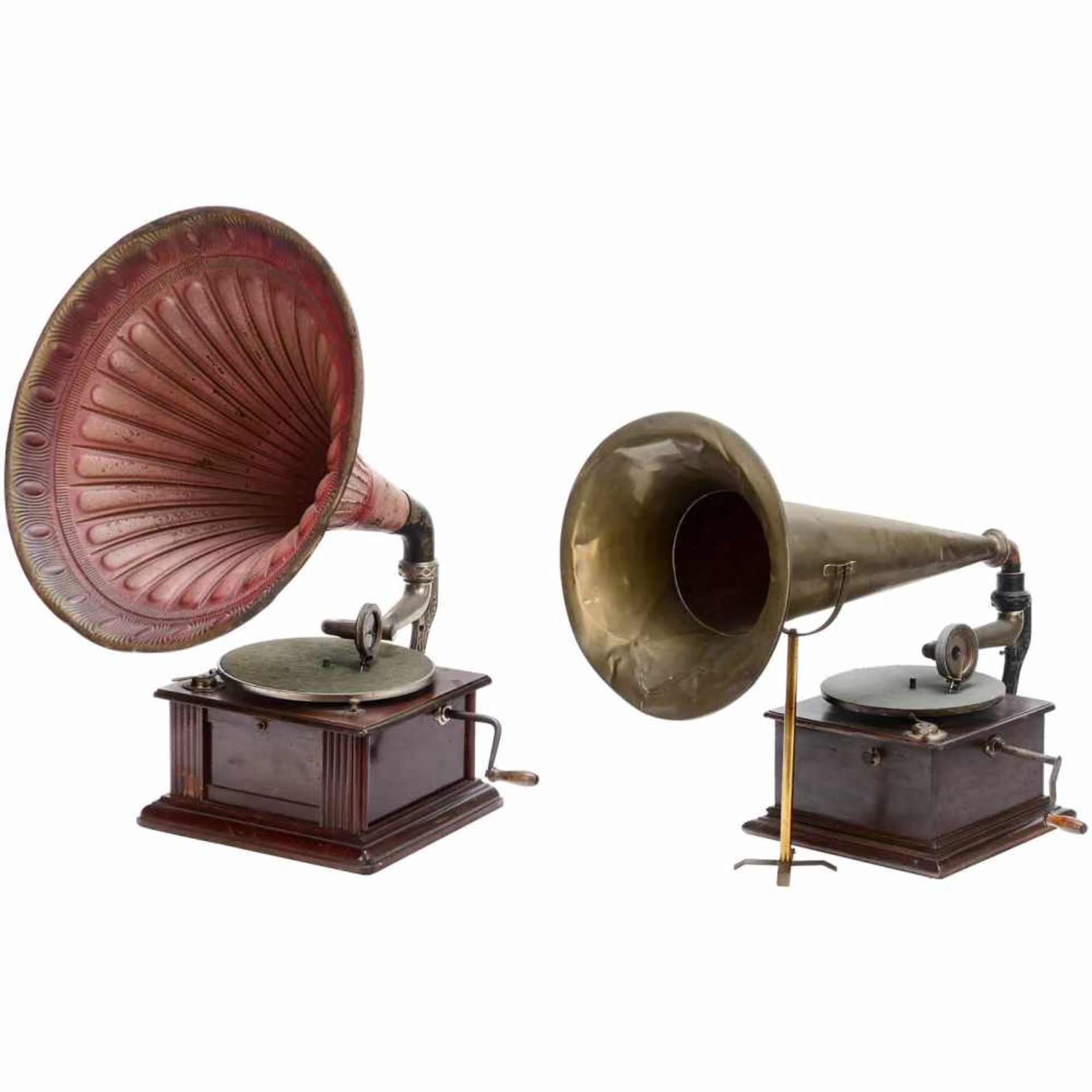 2 Horn Gramophones, c. 19151) Unmarked, wood case, spring-driven, mica reproducer, brass horn,