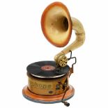 Very Rare Bingophone Tin Toy Gramophone, c. 1920Bing Werke, Nuremberg. Lithographed tin, spring