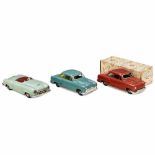 3 German Tinplate Cars, c. 19551) Günthermann, Opel Olympia, 7 ¼ in., spring-driven, working, no.