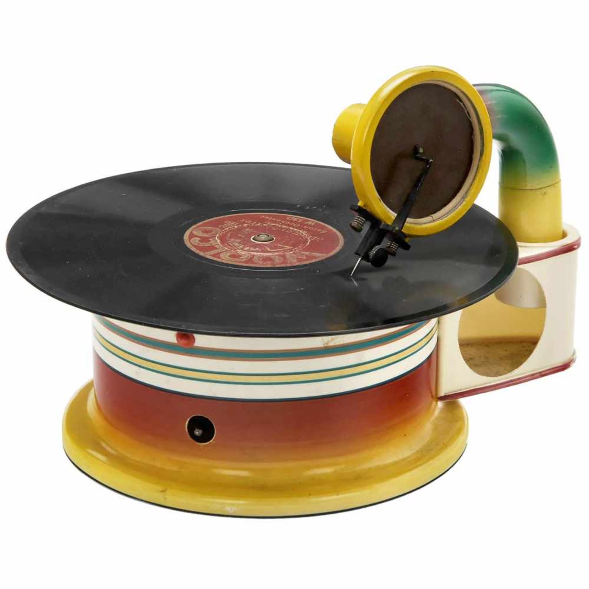 Wackerphon Toy Gramophone, c. 1935Germany, celluloid case, spring motor (working), Ø only 5 ¼ in.