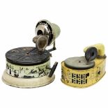 2 Toy Gramophones, c. 19251) Unmarked, Germany. Lithographed tin, with childhood motifs, spring-