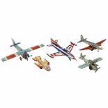 5 Tinplate Toy Airplanes1) R.S.A. 33, made by Rico, Spain, autogyro plane, spring-motor, working,