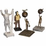 4 Aviation Figures1) Bronze statue, athlete with loincloth, supporting a ball and an airplane,