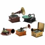 5 Toy Gramophones1) Baby Jeannette, USA, metal case. - 2) Jack and Jill, USA, metal case, card horn.