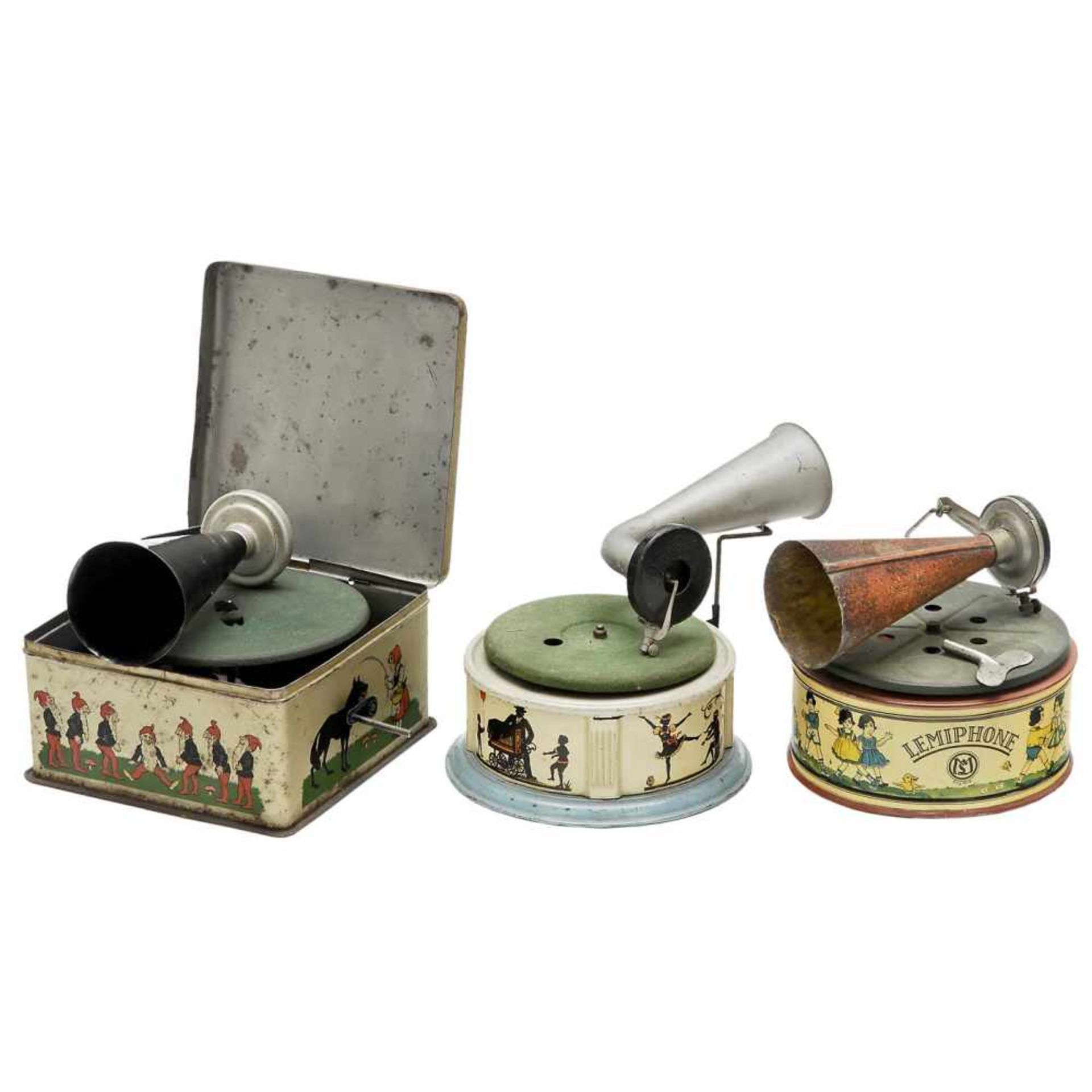 3 Toy Gramophones, c. 19251) Lemiphone, Leonhard Müller, Nuremberg, Germany. Lithographed tin,
