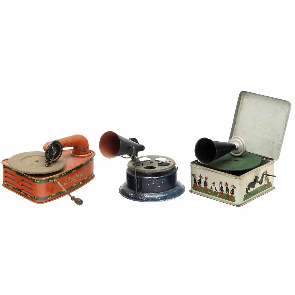 3 Toy Gramophones, c. 19251) Hergophon, Gama, Georg Adam Mangold, Fürth, Germany. Marked: "Made in