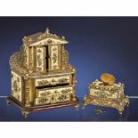 Stone-Set Gilt, Brass and Enamel Singing Bird Garniture, Mid-20th CenturyCase probably Hungary, with