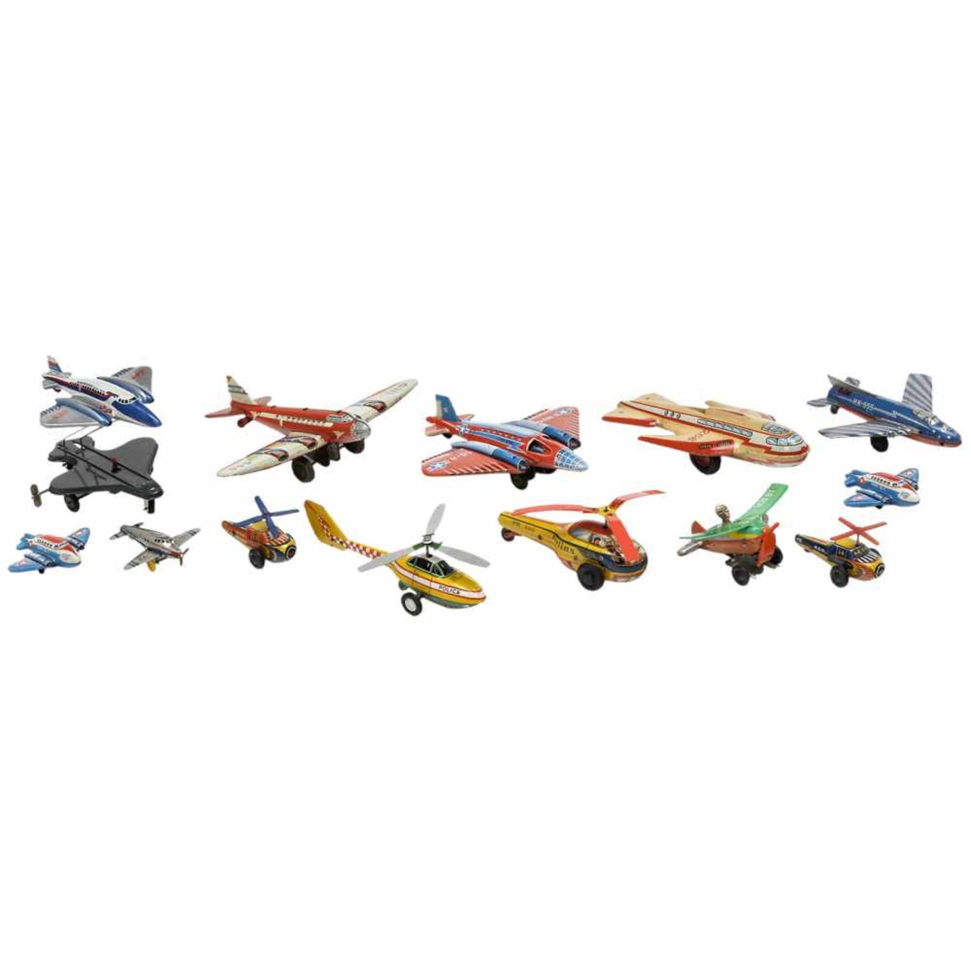 13 Toy Airplanes and Helicopters, c. 1955Made by Technofix, Huki, B&S and Hammerer & Kühlwein,