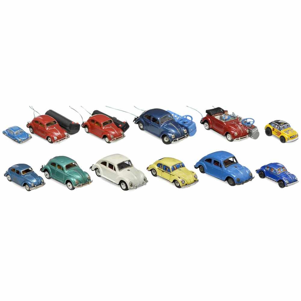 12 Japanese Tin Toy Volkswagen Beetles, c. 1950-70Manufactured by Bandai, Yonezawa and others.