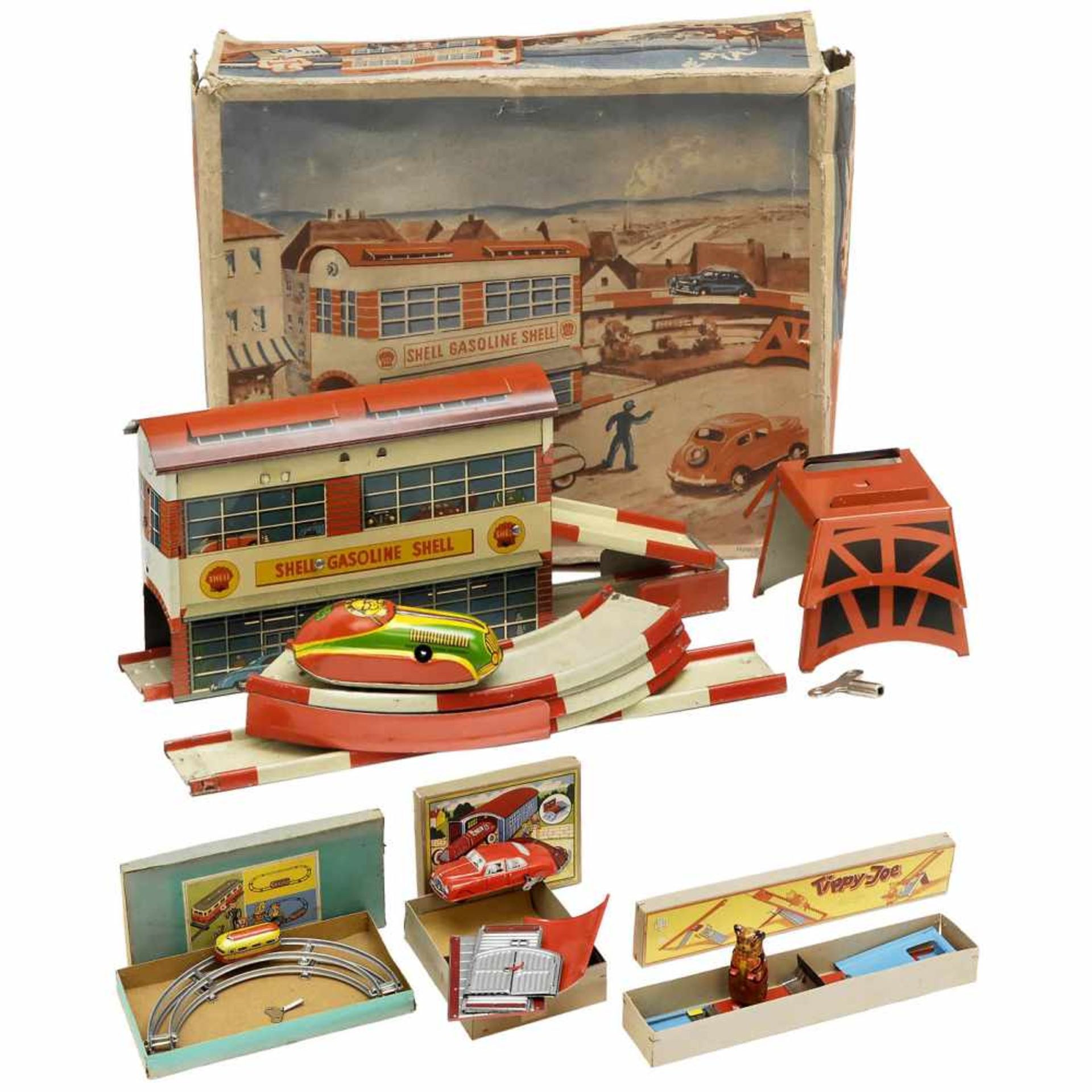 4 Tinplate Toys by Höfler, c. 1950Johann Höfler, Fürth, Germany. Lithographed tin, spring-driven (