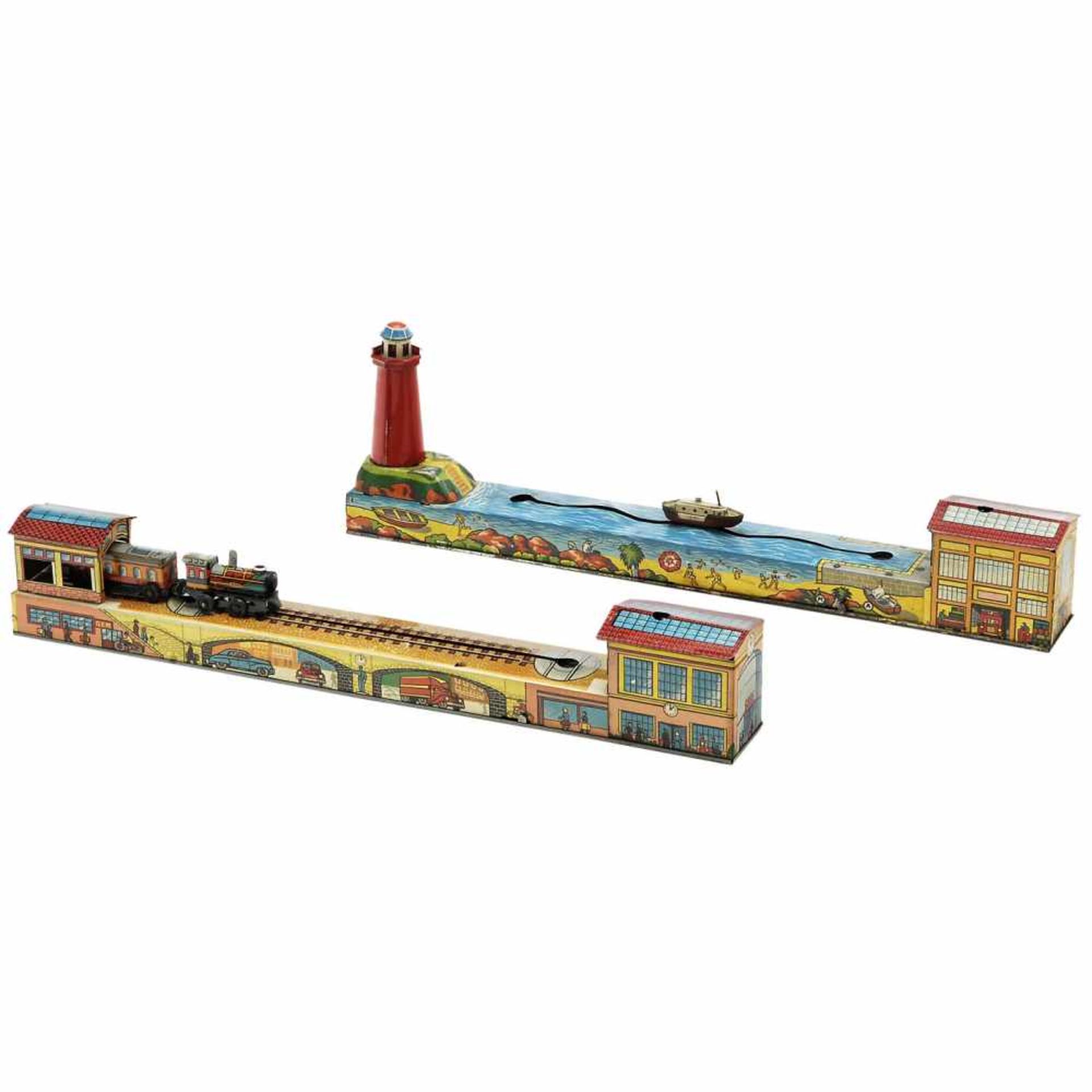 2 Turning-Track Toys by Arnold, c. 1955Karl Arnold, Nuremberg. Lithographed tin, spring-driven (