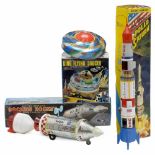 3 Japan Space Toys, c. 1965Lithographed tin and plastic. 1) Docking Rocket, Daiya Toys, battery (