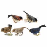 5 Bird Prototypes from the Schuco Product Development, c. 1949With plumage-patterned velvet in