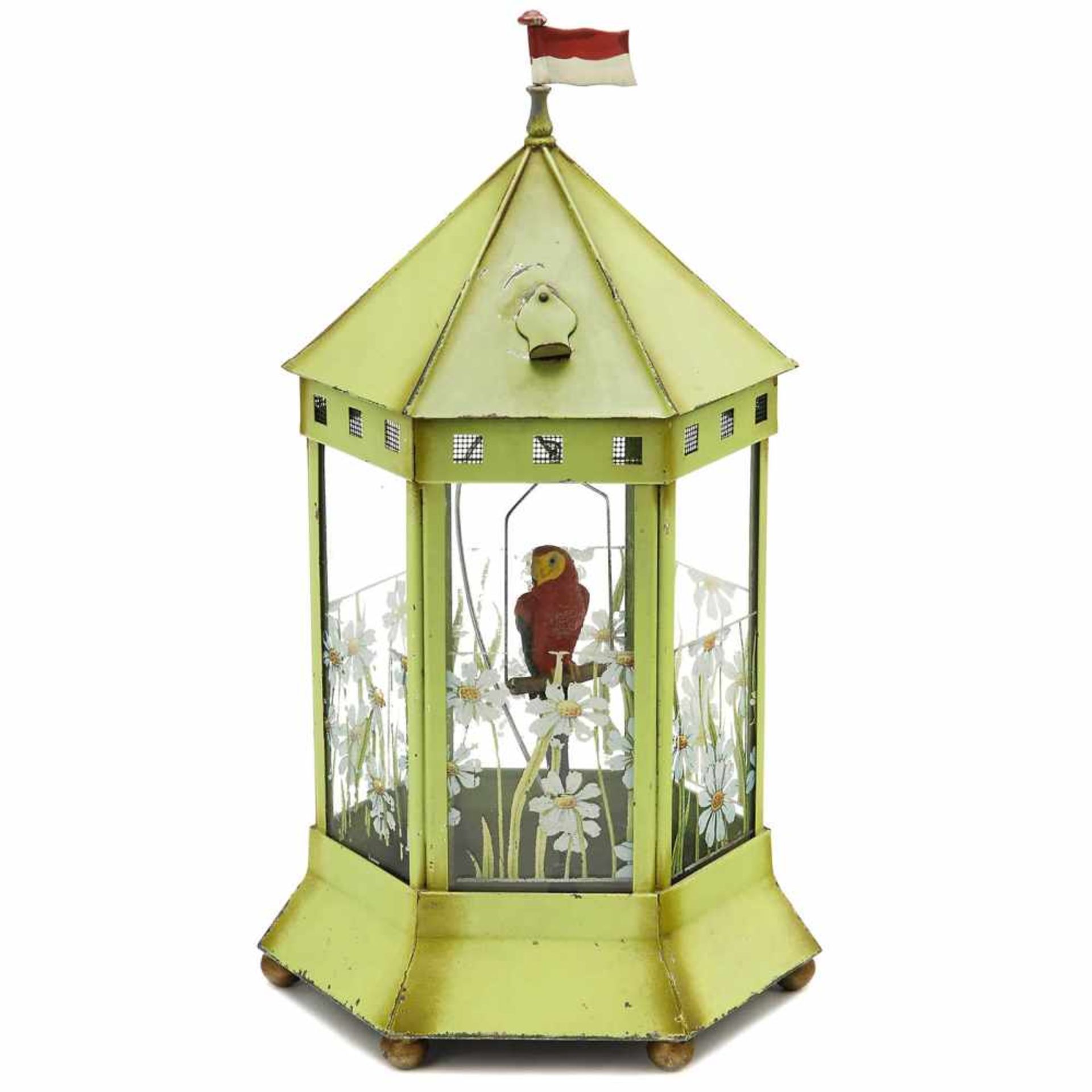 Aviary with Elastolin Parrot, c. 1930Designed as a cage for viewing insects, green painted sheet