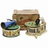 2 Toy Gramophones, c. 19251) Keimola, Germany, maker unknown, lithographed tin, spring-driven,