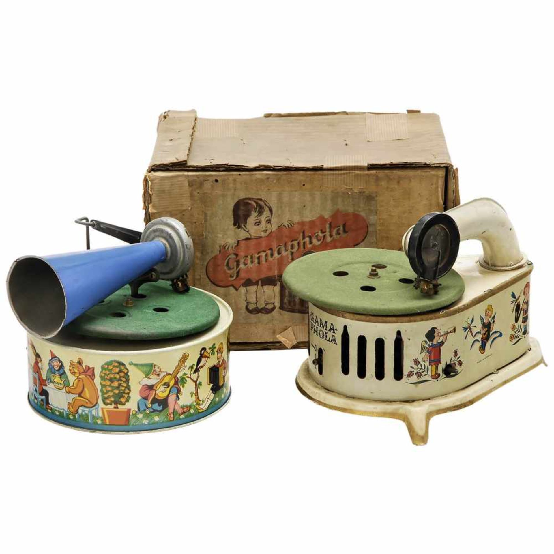 2 Toy Gramophones, c. 19251) Keimola, Germany, maker unknown, lithographed tin, spring-driven,