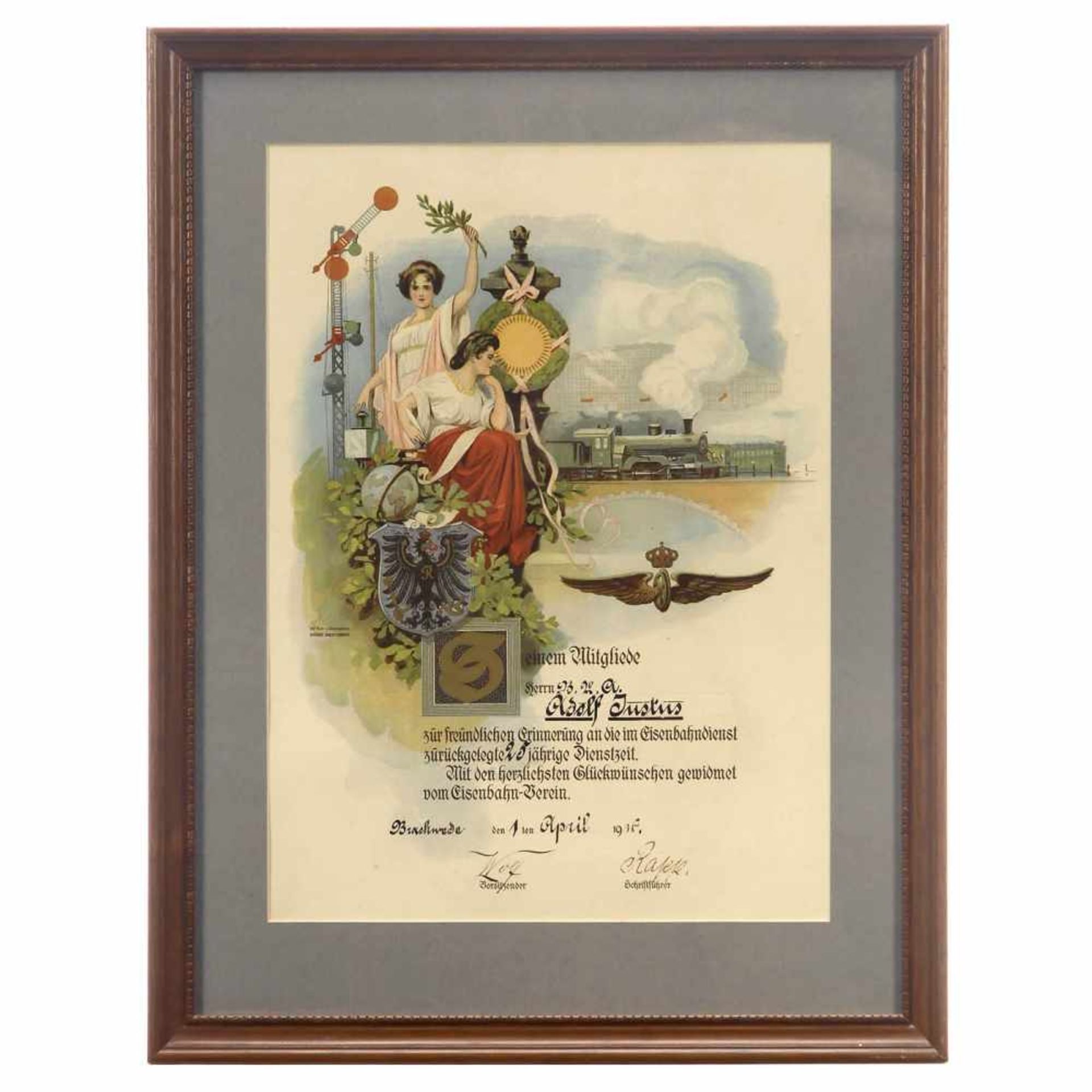 Framed Railwayman Certificate, 1916In memory of 25 years of work, lithograph, size 12 ¼ x 17 in.,