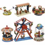 6 Lithographed Tin Toy Fairground Carousels, c. 1950-601) Blomer & Schüler, flying rockets no.