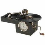 Peter Pan Alarm Clock Gramophone, c. 1930French portable gramophone, Peter Pan soundbox, spring-