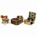 3 Toy Gramophones, c. 19251) Valora, Bing Werke, Nuremberg. Lithographed tin, spring-driven,