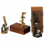 3 Microscopes1) Small French simple microscope, original lacquered brass, missing mirror, three