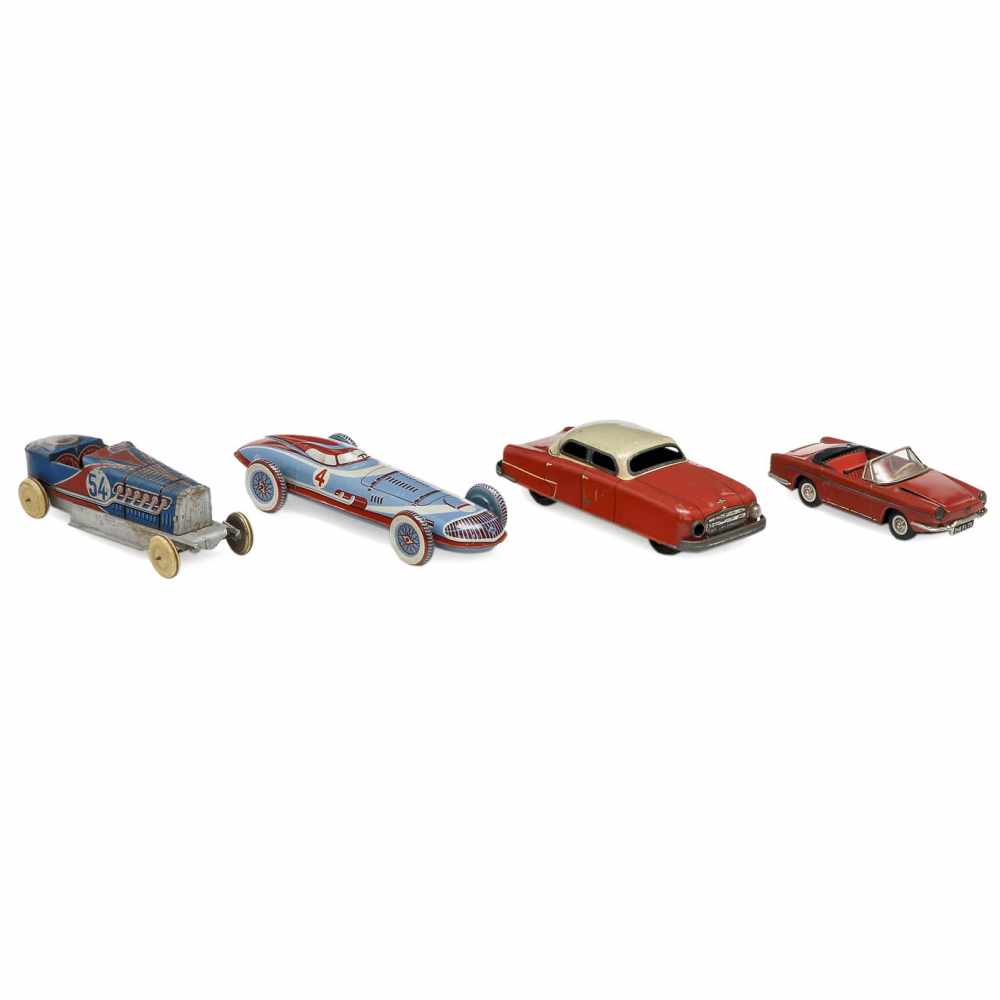 4 French Tinplate Cars, c. 1958Lithographed tin. 1) Joustra, Renault Floride convertible,