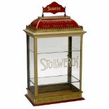 Stollwerck Chocolate Display Cabinet, c. 1900Wood base, painted metal case, 4 glazed sides, etched