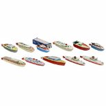 11 Tinplate Toy Boats, c. 1960Manufactured by Arnold, CKO (Kellermann) and Michael Seidel.