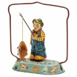 Angler with Fish Toy by Blomer & Schüler, c. 1950Nuremberg, Germany, lithographed tin, spring-driven