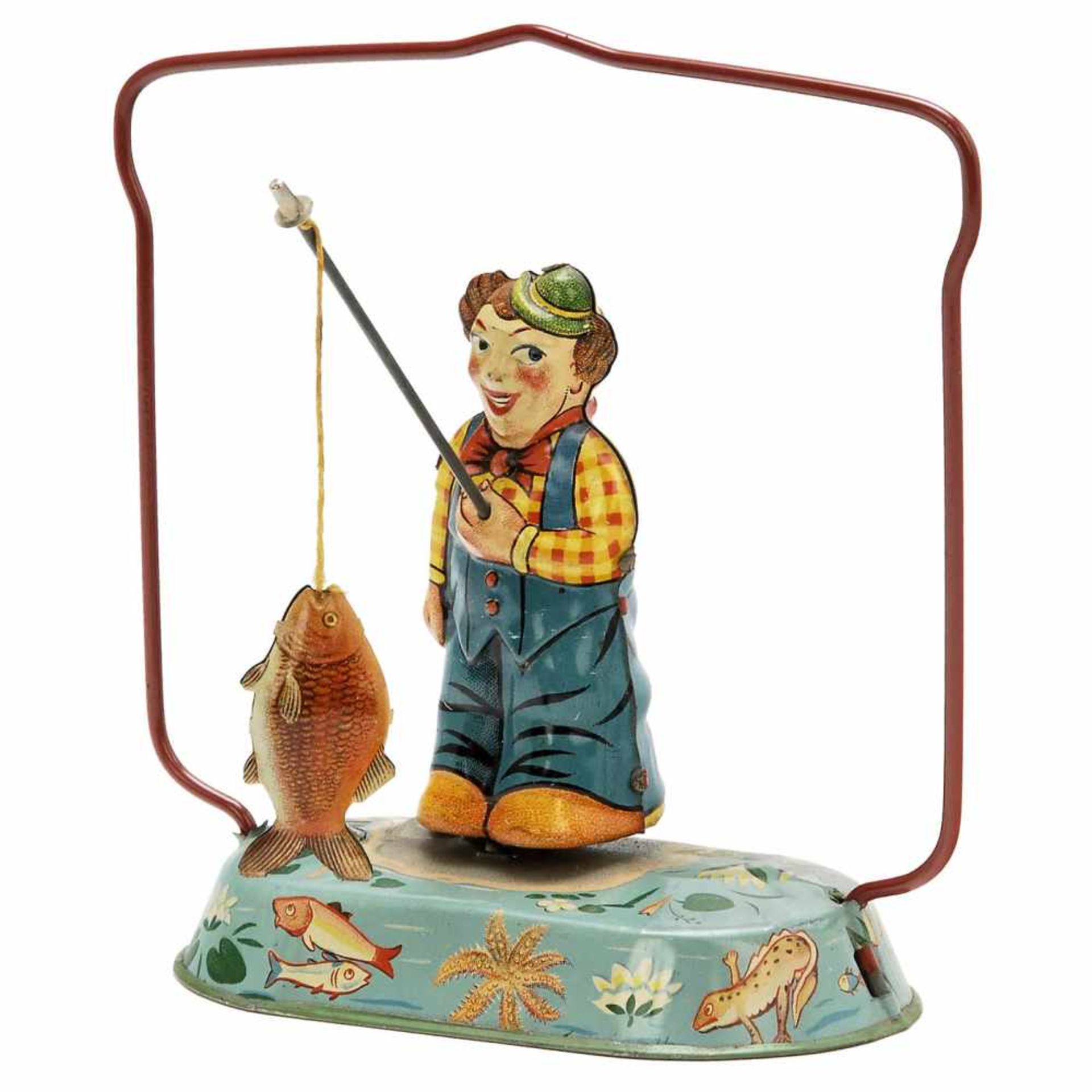 Angler with Fish Toy by Blomer & Schüler, c. 1950Nuremberg, Germany, lithographed tin, spring-driven