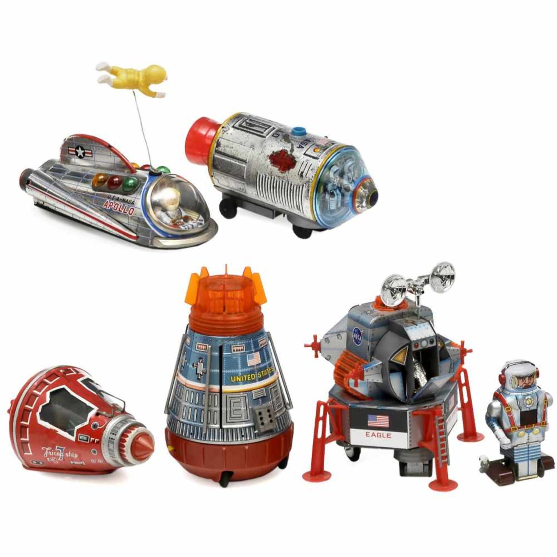 Japanese Space Toys, c. 1960-70Lithographed tin and plastic. 1) Friend Ship, SH Horikawa,