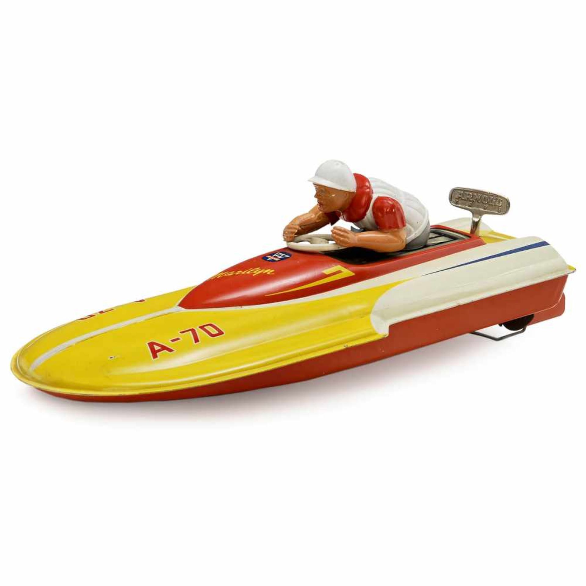 "Marilyn" Speed Boat by Arnold, c. 1955Karl Arnold, Nuremberg. No. A-70, lithographed tin, spring-